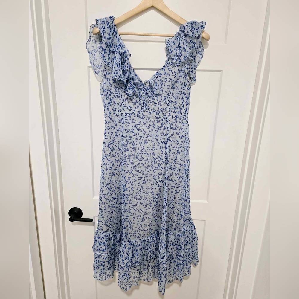 Sachin + Babi White and Blue Floral Midi Ruffle Dress Size 12